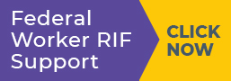 Graphic promoting support for federal workers affected by RIF, featuring a call-to-action button labeled "CLICK NOW."